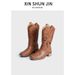 Women's Western Cowboy Boots Autumn Embroidery Hollow V Neck Desert Thick Heel Martin Square Head Shoes_vogvips.com