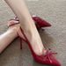 2025 New Spring/Summer High-Heeled In Wine Red Patent Leather For Women, Bowknot Pointed Toe Shallow Thin Heel Sandals_vogvips.com