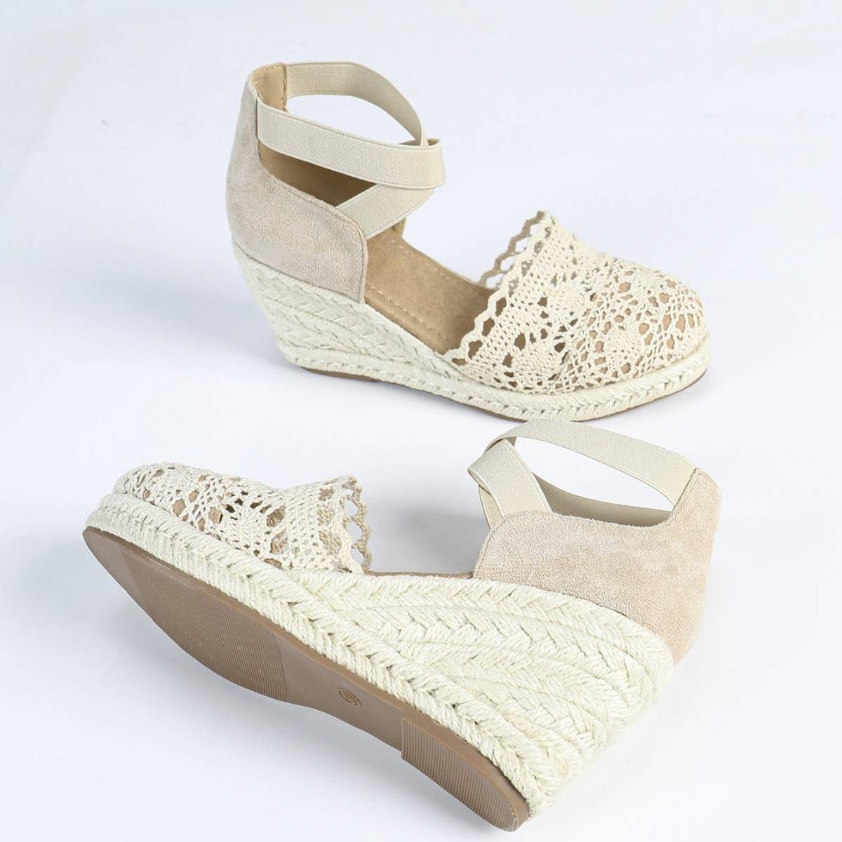 Women’s Shoes Women's Canvas Shoes Wedge Sandals Apricot Holiday Elastic Cross Strap Slip On Round Toe Espadrilles_vogvips.com