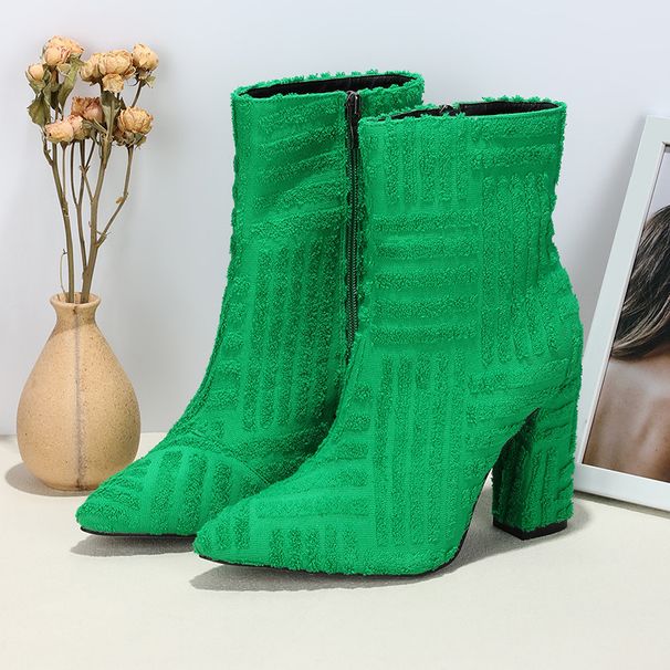 Chic Green Chunky Heel Boots For Women – Fashionable Pointed Toe Mid-Calf Boots With Side Zipper, Perfect For Fall & Winter_vogvips.com