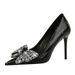3391-H21 European And American Style Stiletto Stone Pattern Patent Leather Shallow Pointed Toe Rhinestone Bowknot Single_vogvips.com