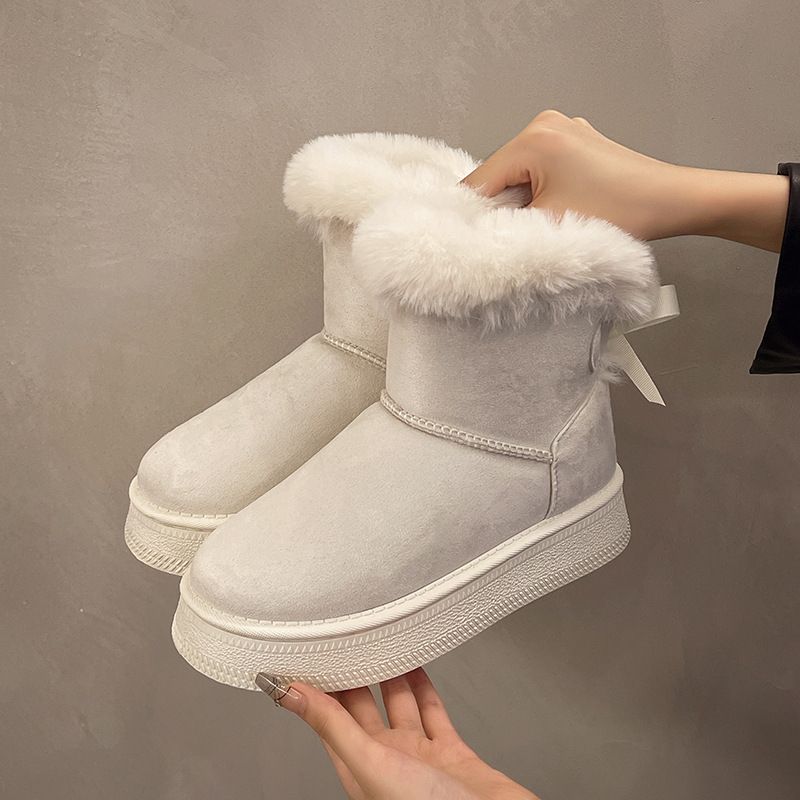 Fleece-Lined Thickened Snow Boots Slip-On 2025 Winter New Thick-Soled Furry Mouth Bowknot Warm Large Size Cotton Shoes_vogvips.com