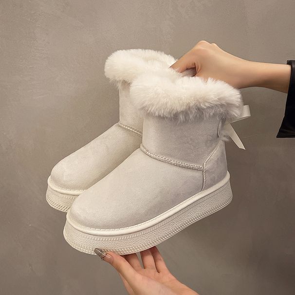 Fleece-Lined Thickened Snow Boots Slip-On 2025 Winter New Thick-Soled Furry Mouth Bowknot Warm Large Size Cotton Shoes_vogvips.com