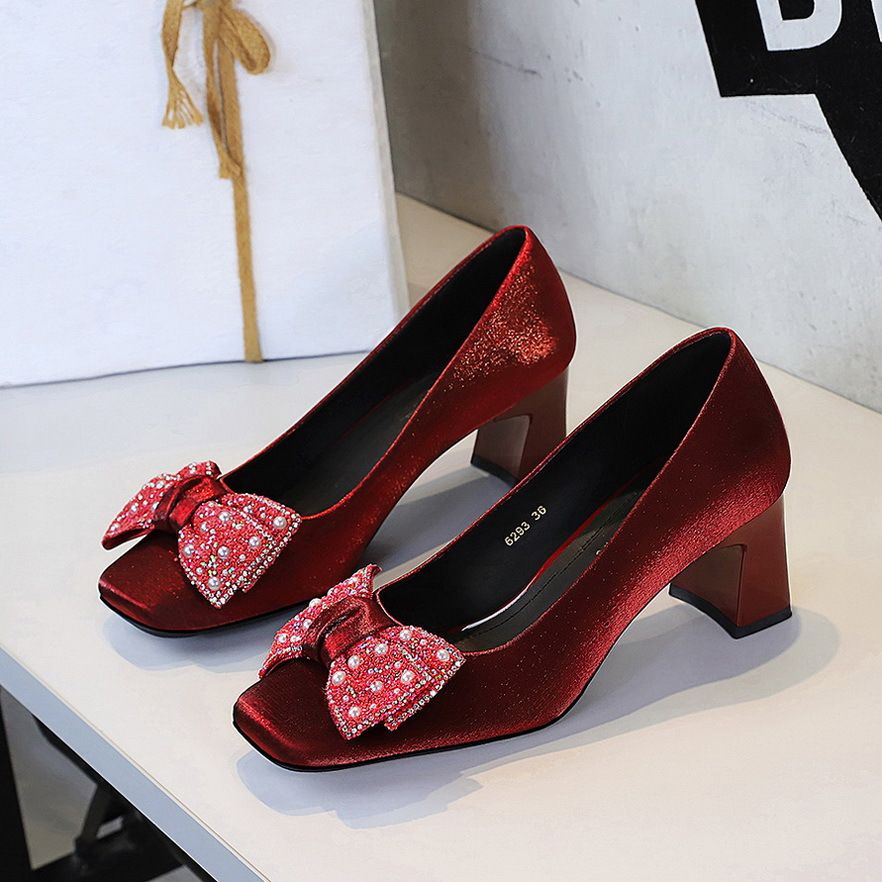 Women's Shoes Elegant Banquet Square Toe Mid Heel Satin Rhinestone Bow Low Mouth Chunky Heel Shoes For Women_vogvips.com