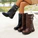 Chunky Heel Square Toe Mid-Calf Boots For Women - Belt Buckle Motorcycle Riding Boots With PU Upper & Rubber Sole_vogvips.com