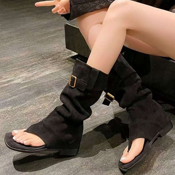 Square Toe Post Sandals Summer Over-the-Knee High Tube Slim Chunky Heel Long Pleated Slouch Boots Women_vogvips.com