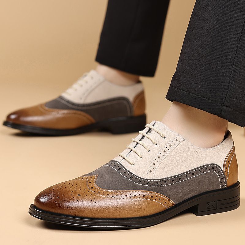 Men's Brogue Oxford Dress Shoes - Breathable Two-Tone Formal Shoes For Business & Casual Wear (White & Khaki, Sizes 38-48)_vogvips.com
