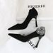 H L French Pointed Shallow High Heeled Shoes With Fine Heels Suede Rhinestones Side Flowers Single_vogvips.com