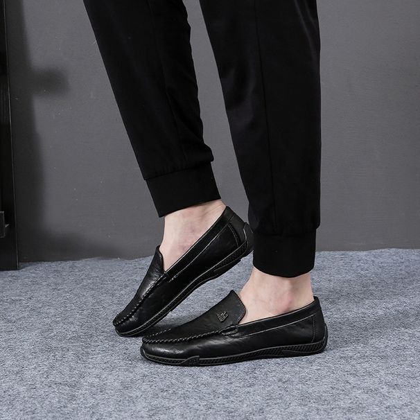 Euro Step Black White Men's Versatile Slip-On High-End Leather Shoes Trendy Loafers Lazy_vogvips.com