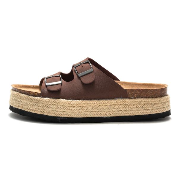 Women's Cork Slippers Summer Thick Soled Beach Sandals Woven Suede Double Buckles New Arrival_vogvips.com