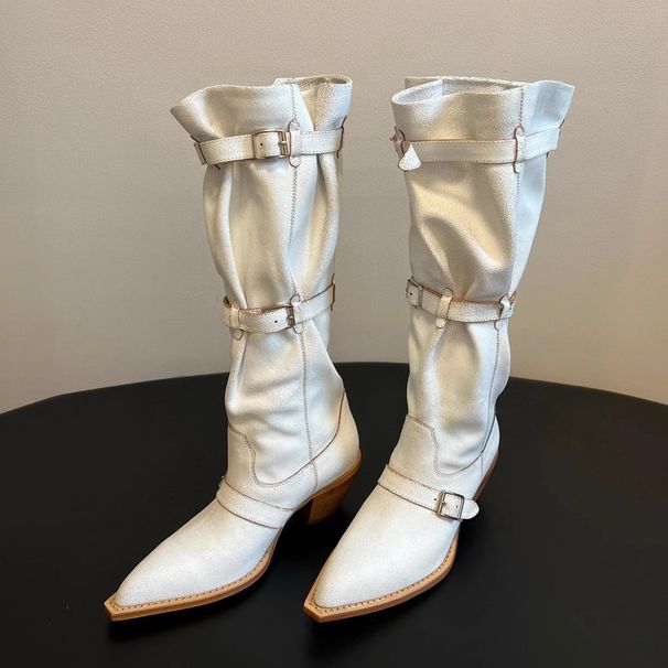 Pointed Toe Large Barrel Circumference Pile Pile Boots,design,retro Western Cowboy Boots, Thick Heel, Spicy Girl,trendy Feel,long Leg Boots For Women_vogvips.com