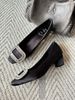 2026 New Luxury Black Satin Rhinestone Square Buckle Block Heel Pumps, Women Square Toe Slip On Elegant Dress Heels For Office Party Wedding_vogvips.com