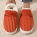 Plush Fleece-Lined House Slippers For Women & Men - Non-Slip Rubber Sole Winter Shoes With Striped Design (Gray, Navy, Brown, Green, Pink, Orange)_vogvips.com