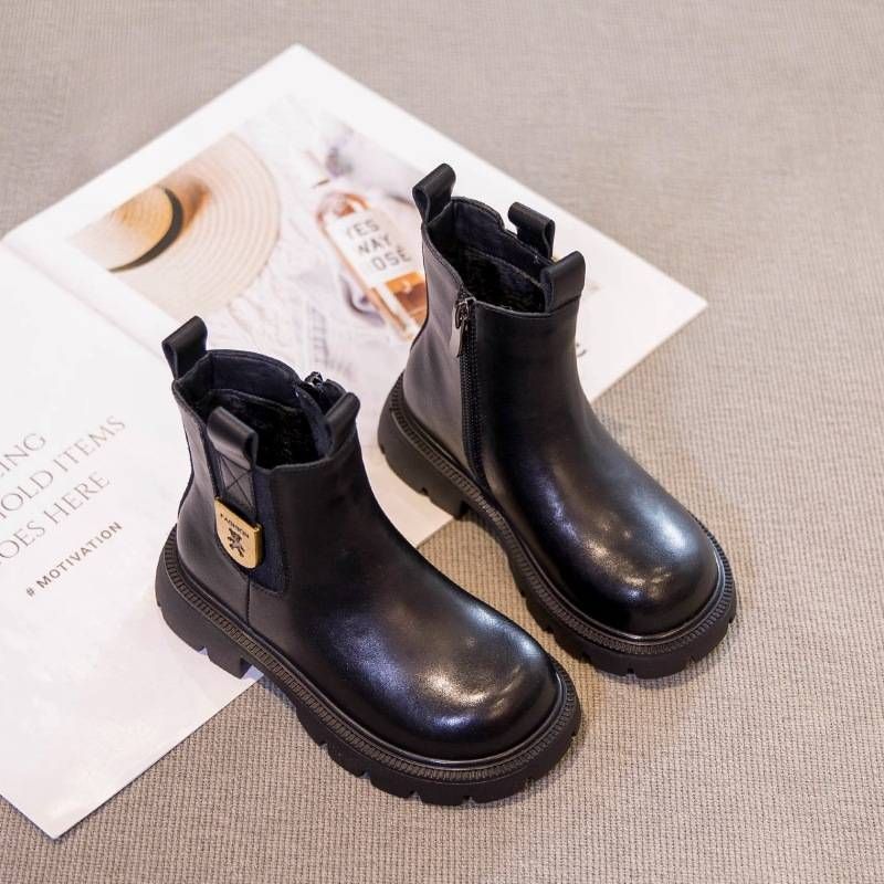 Girls' Boots 2025 Fall And Winter New Children's Short Boots Fall Boys' Leather Boots Plus Cashmere Two Cotton Shoes_vogvips.com