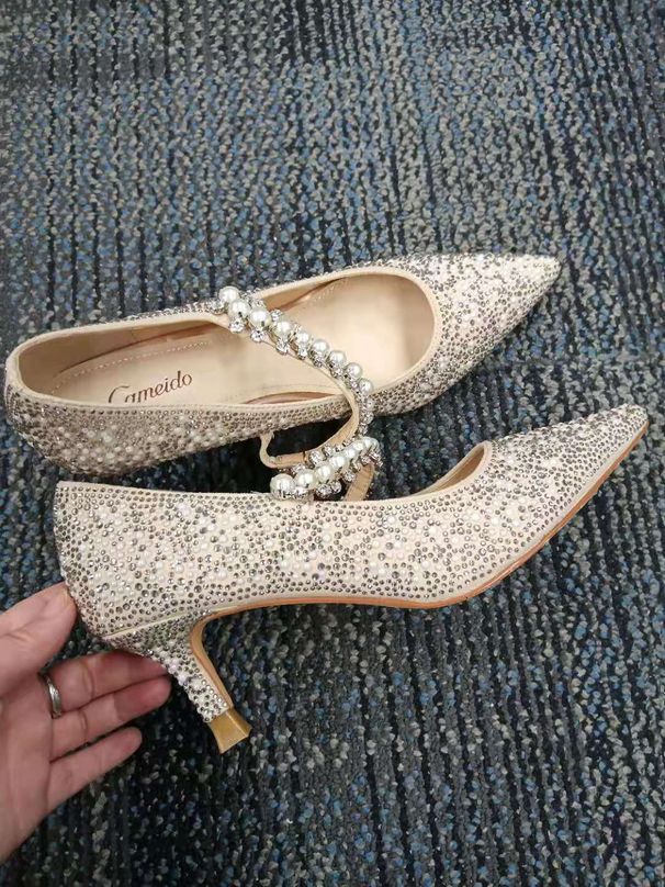Cameido Wedding Mary Jane High Heeled With Pearl And Rhinestones Thin Heel Pointed Toe One Strap Single Shoes_vogvips.com