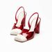 Retro Style Women's High Heels Color Block Square Toe Genuine Leather Chunky Heel Open Back Versatile Commuting Shoes_vogvips.com