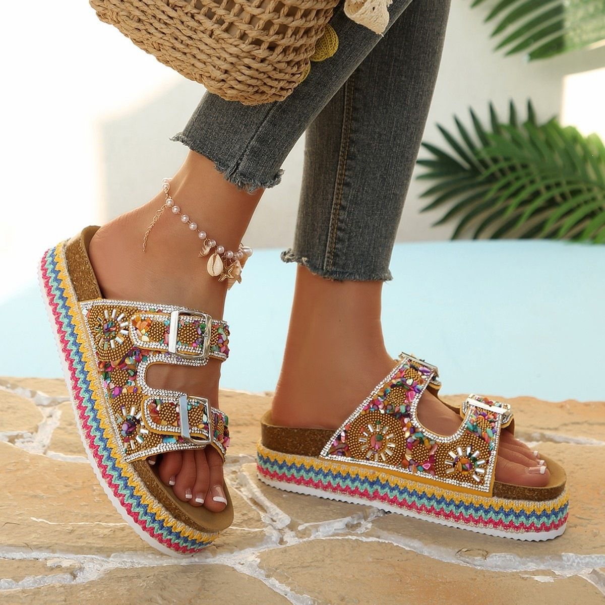 Rhinestone Platform Sandals Women's Double Buckle Cork One Strap Summer New Style Plus Size Size 43_vogvips.com