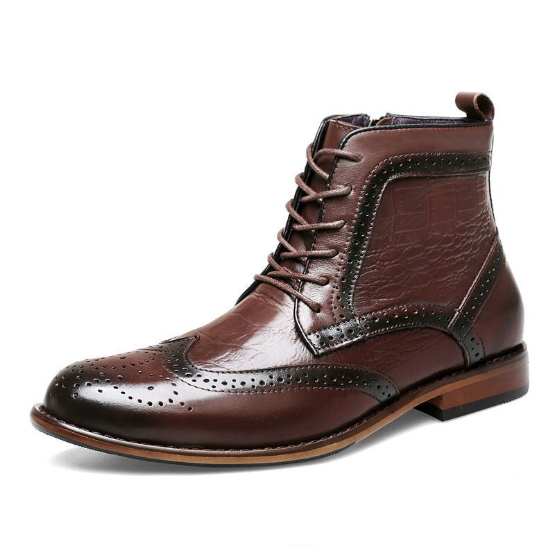 Men's Pointed Shoes Front Lace-up Low-heeled Casual Men's Carved Chelsea Boots_vogvips.com