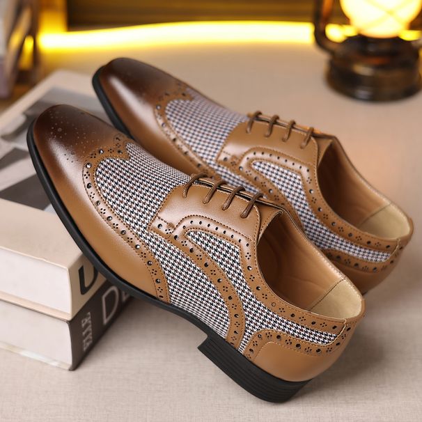 HPIOPL Men's Brogue Loafers - Classic Houndstooth Pattern, Breathable Casual Dress Shoes For Business & Leisure_vogvips.com