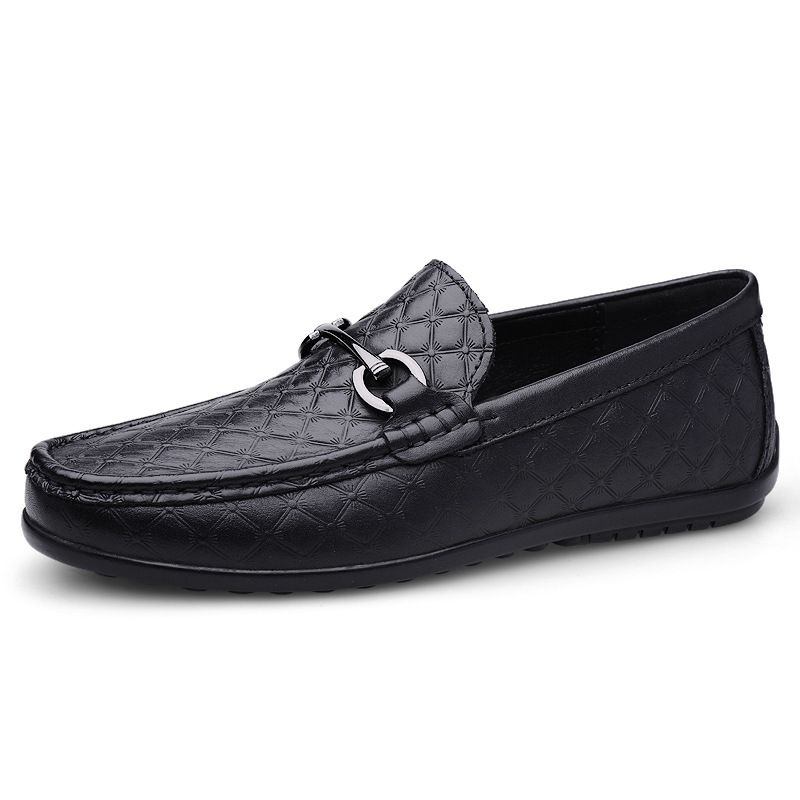 Men's Doudou Shoes Driving Shoes Low-top Foot Cover Embossed Plaid Handmade Large Size Flat Casual Shoes Small Leather_vogvips.com