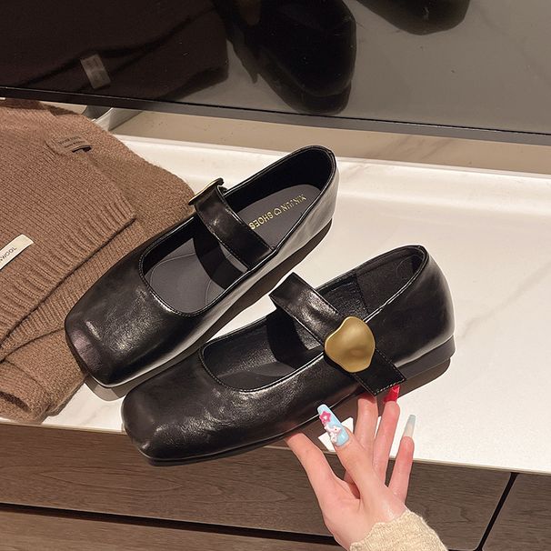 Spring Soft Leather Metal Buckle Small Square Head Retro Flat Heel Single Shoes One-word Buckle Mary Jane Shoes Women's Shoes Flat Shoes_vogvips.com
