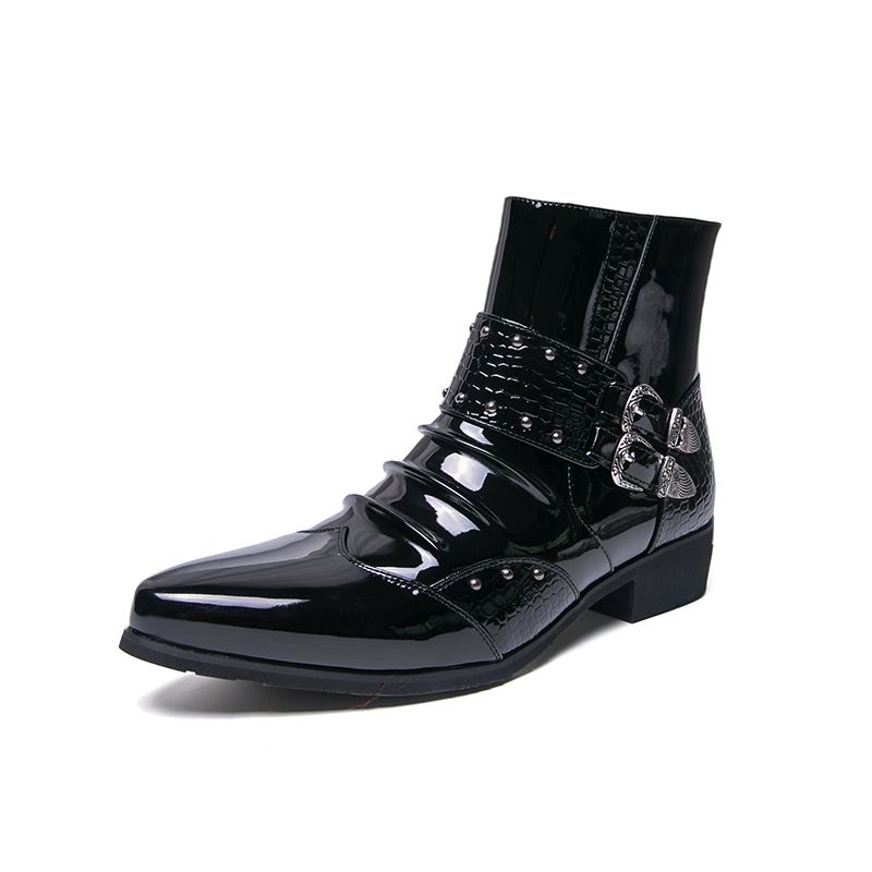 New Fashion Shiny Black Men's High Top Shoes Martin Boots Trendy Short Boots Fashionable Pointed Toe Short Boots Banquet Dress Men's Boots_vogvips.com