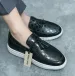 Mens Black Embossed Shock Absorbing Leather Loafers With Tassels Slip On Casual Shoes_vogvips.com