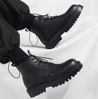 Cowhide Martin Men British Style Autumn Thick Sole Mid-Top Height Increasing Work Men's Black Trendy Short Boots_vogvips.com