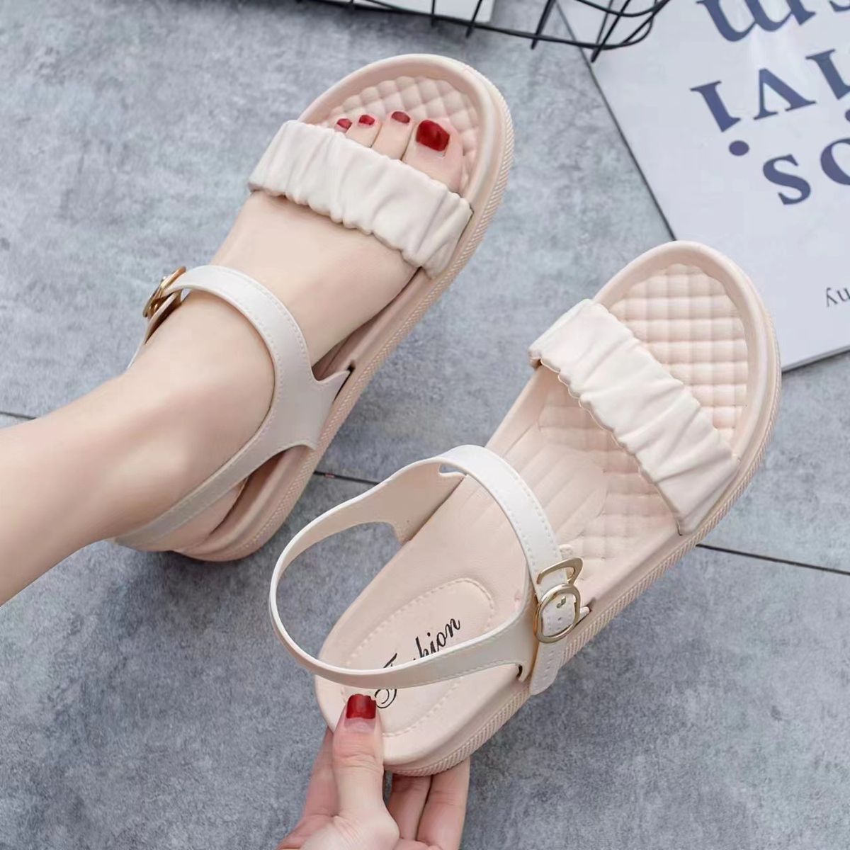 Cross-border Spring-summer Roman Flat Sandals For Women, One-strap Open-toe Women's Sandals, Student Outdoor Pleated_vogvips.com
