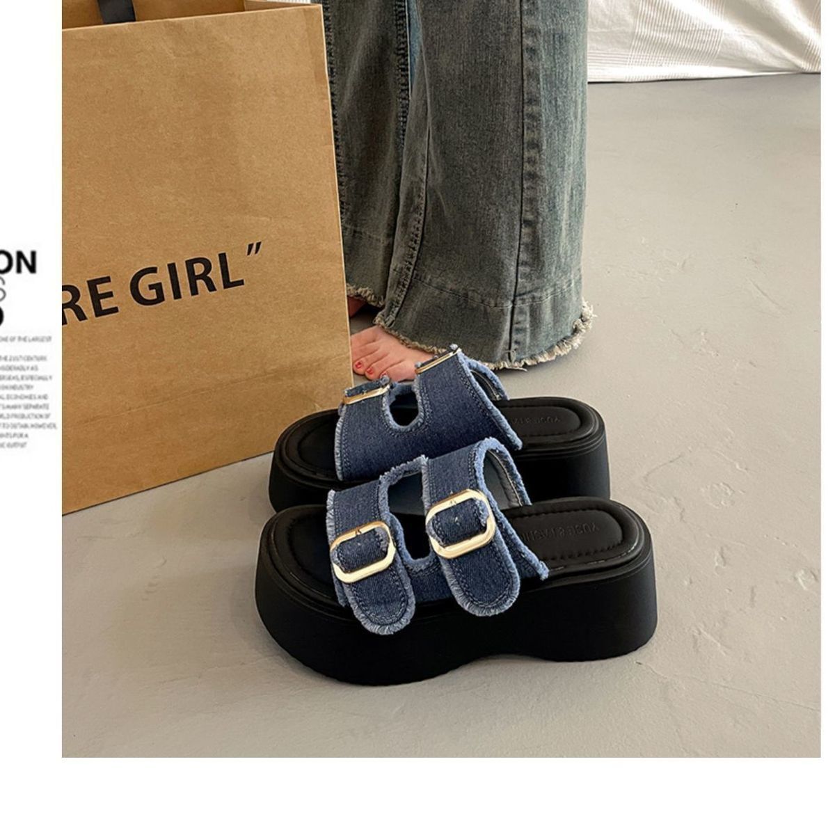 Women's Thick-soled Platform 2026 New Versatile Height-increasing Denim Slippers Sports Roman Sandals European Fashion_vogvips.com