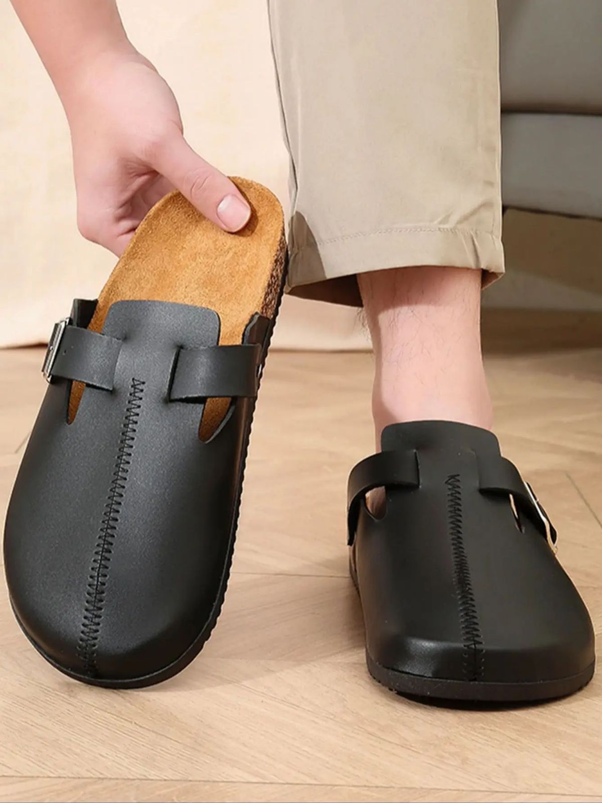 Women's Mules New Spring Vintage Slip-On Casual Loafers Pu Upper Cork Grain Closed-Toe Half Slippers Flat Slippers With Adjustable Buckle_vogvips.com