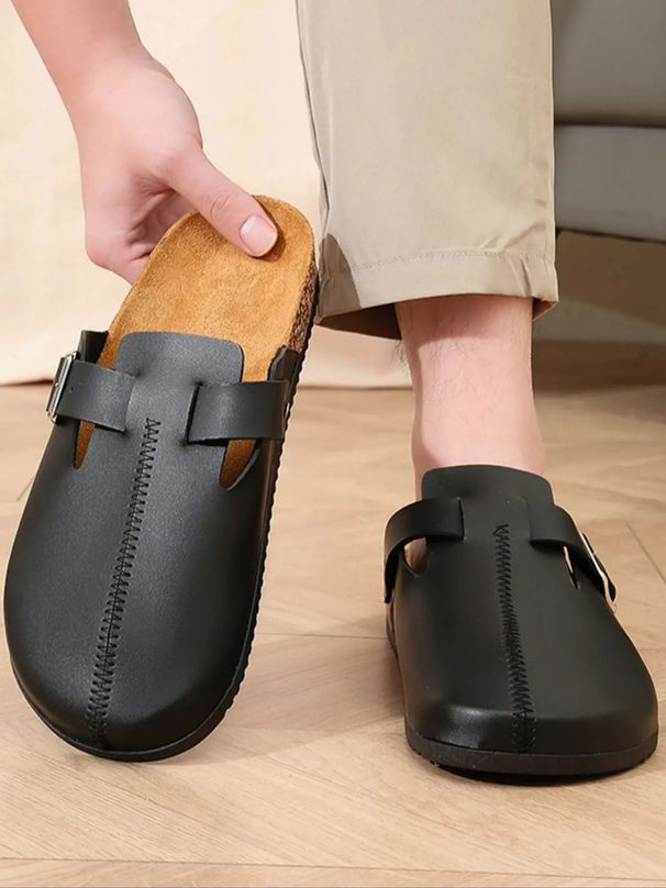 Women's Mules New Spring Vintage Slip-On Casual Loafers Pu Upper Cork Grain Closed-Toe Half Slippers Flat Slippers With Adjustable Buckle_vogvips.com