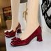 6291-H87 French Style Patent Leather Bow Mid-Heel Square Toe Shallow Mouth Chunky Heel Women's Comfortable Versatile_vogvips.com