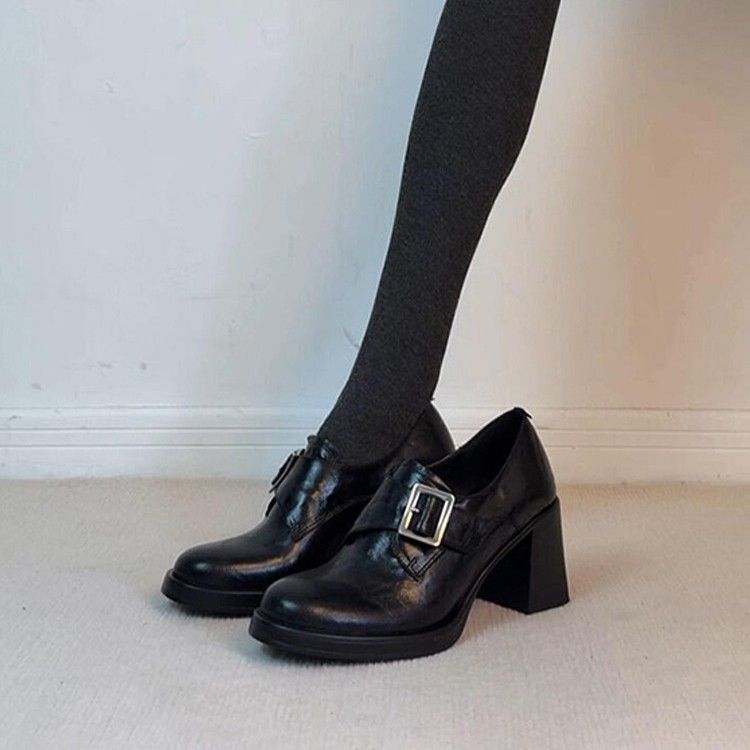 Women's Shoes New Style High Heeled Loafers, Petite Chunky Heel Single Shoes, Black, Versatile Slip On, Deep Mouth JK Leather Shoes_vogvips.com