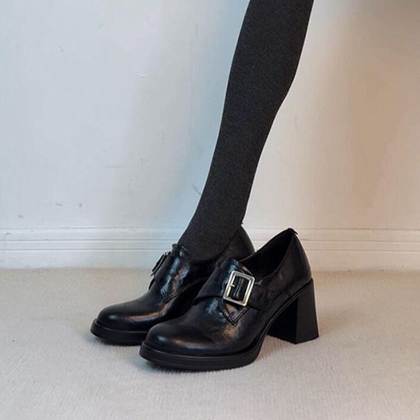Women's Shoes New Style High Heeled Loafers, Petite Chunky Heel Single Shoes, Black, Versatile Slip On, Deep Mouth JK Leather Shoes_vogvips.com