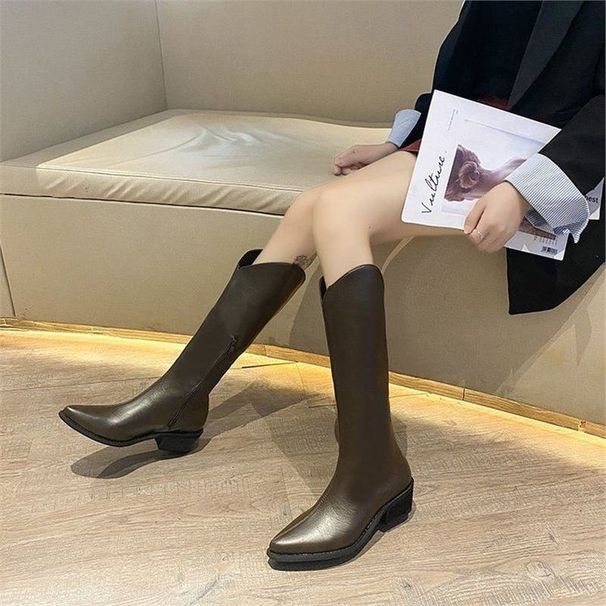 V-Cut Knee High Riding Boots Retro Cowboy Boots Low Heel Pointed Toe Fashion Boots For Fall Winter Cowboy Boots Chunky Heel Pointed Toe_vogvips.com
