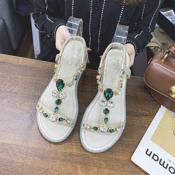 2025 New Summer Bohemian For Women, Wedge Heel With Rhinestones, Versatile Flat Beach Roman Sandals_vogvips.com