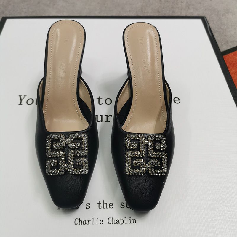 Genuine Leather Chunky Heel Closed-toe Slippers For Women, 2026 New Summer French Style Rhinestone Sandals, Sheepskin_vogvips.com