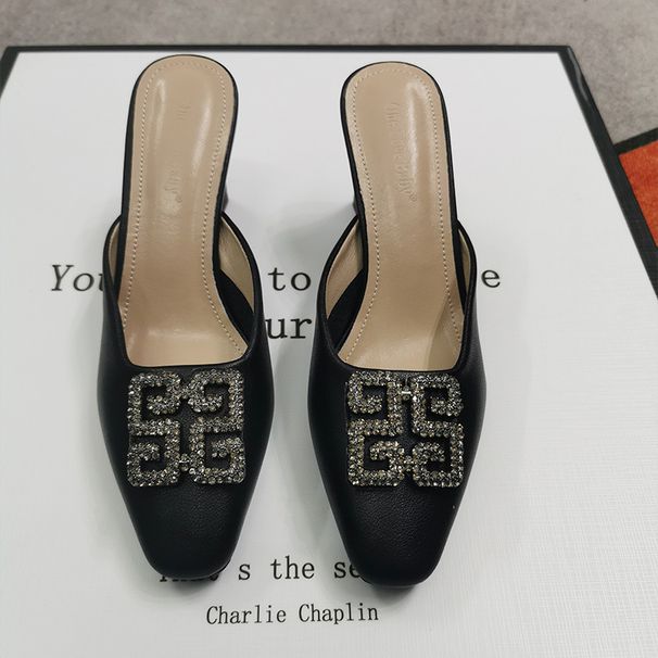 Genuine Leather Chunky Heel Closed-toe Slippers For Women, 2026 New Summer French Style Rhinestone Sandals, Sheepskin_vogvips.com