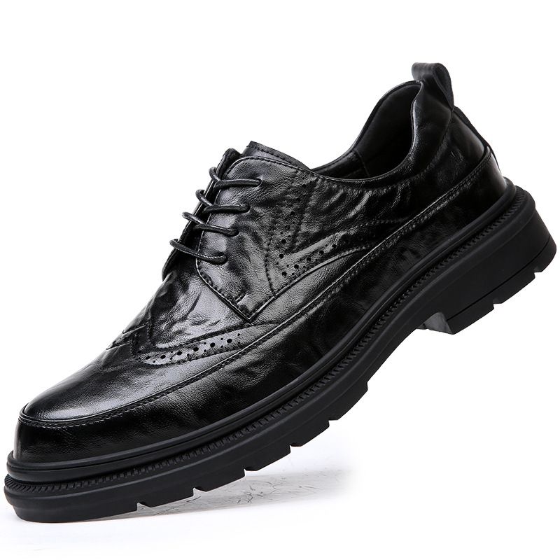 Euro Step Business Formal British Round Toe Derby Genuine Leather Brogue Carved Casual Men's Breathable Wedding Shoes_vogvips.com