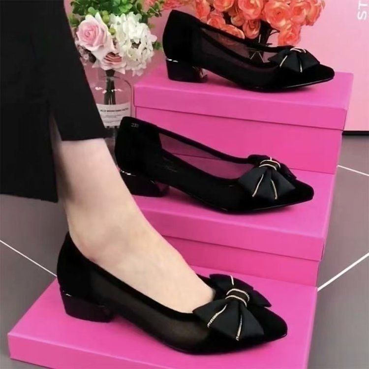 Mesh Single Shoes Women's Low Heel Versatile Hollow Mesh Women's Shoes Pointed Thick Heel Sandals Simple_vogvips.com