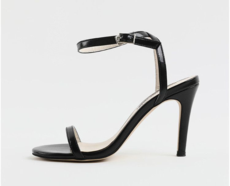 Women's Black High Heeled Sandals Mid Heel Summer Style Thin Strap Buckle Silver Small Size Shoes_vogvips.com