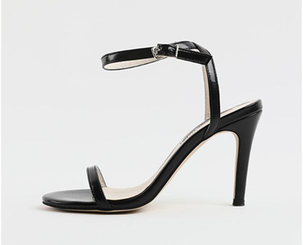 Women's Black High Heeled Sandals Mid Heel Summer Style Thin Strap Buckle Silver Small Size Shoes_vogvips.com