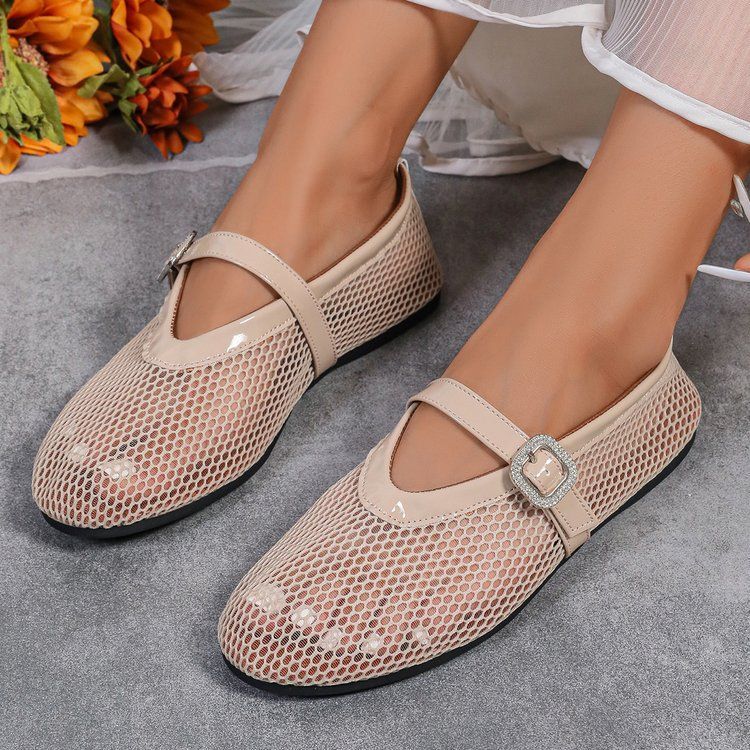 Women's Shoes Large Size Rhinestone Buckle Hollow Ballet Flat Soled Fashion Single Shoes Spring And Autumn Round Toed Single Shoes Women_vogvips.com