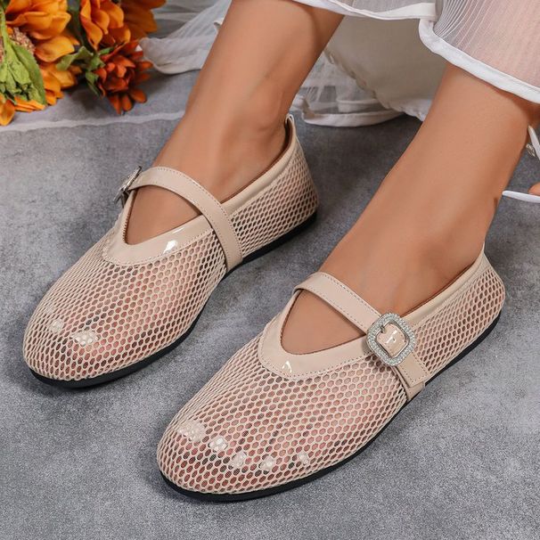 Women's Shoes Large Size Rhinestone Buckle Hollow Ballet Flat Soled Fashion Single Shoes Spring And Autumn Round Toed Single Shoes Women_vogvips.com