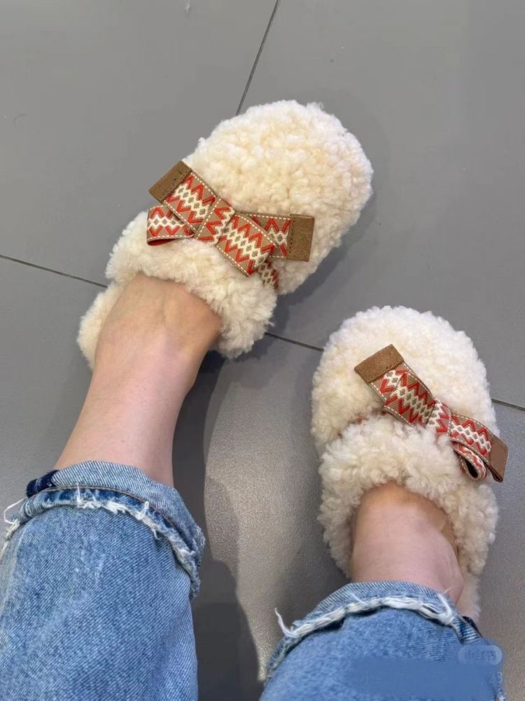 Sangpo Winter Sheepskin Integrated Teddy Curly Hair Bag Head Drag Thickened Warm Bow Fluffy Slippers Women_vogvips.com