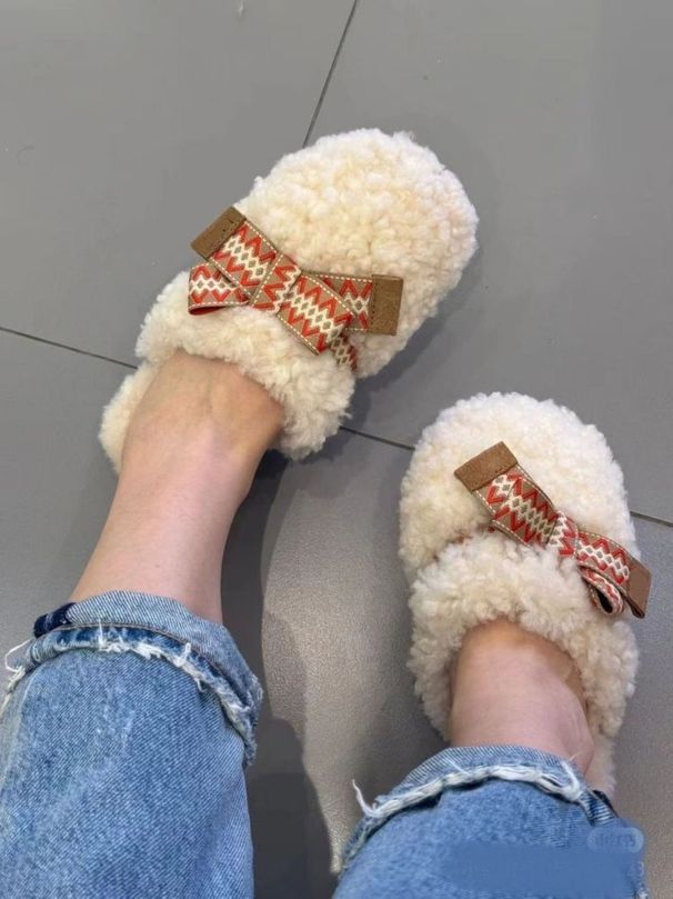 Sangpo Winter Sheepskin Integrated Teddy Curly Hair Bag Head Drag Thickened Warm Bow Fluffy Slippers Women_vogvips.com