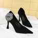 H L French Pointed Shallow High Heeled Shoes With Fine Heels Suede Rhinestones Side Flowers Single_vogvips.com