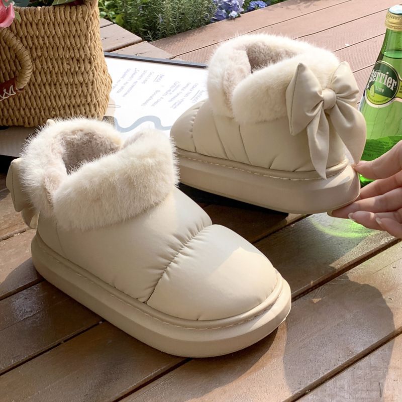 2025 Winter New Women's High-top Thick-soled Bowknot Shoes Snow Boots Fleece-lined Warm Breathable Cotton Slippers_vogvips.com