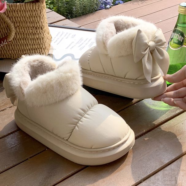 2025 Winter New Women's High-top Thick-soled Bowknot Shoes Snow Boots Fleece-lined Warm Breathable Cotton Slippers_vogvips.com